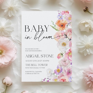 Invito Baby in Bloom / Invito floreale per baby shower / Modello di invito Canva #flr025