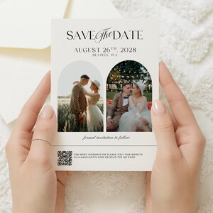 May include: A wedding invitation card with the text "SAVE The DATE" and the date "AUGUST 26TH, 2028". The card features two photos of a couple and the text "formal invitation to follow".