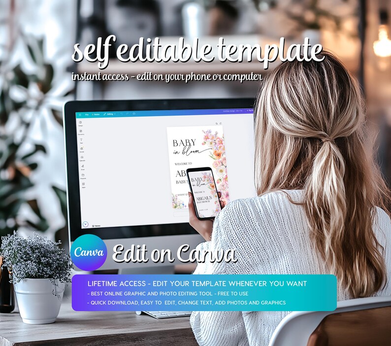 Op de afbeelding: Een computerscherm met een zelf bewerkbare sjabloon voor een babyborrel-aankondiging. De sjabloon heeft een aquarel bloemenontwerp met de tekst "Baby in Bloom" en een welkomst-baby-aankondiging. De tekst "Edit on Canva" wordt onder het scherm weergegeven.