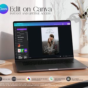 May include: A laptop displays a wedding invitation template with the text "Save the Date" and the names "Olivia and Justin." The screen shows the Canva editing interface. Text on the screen includes "Edit on Canva" and "Instant and Lifetime Access."