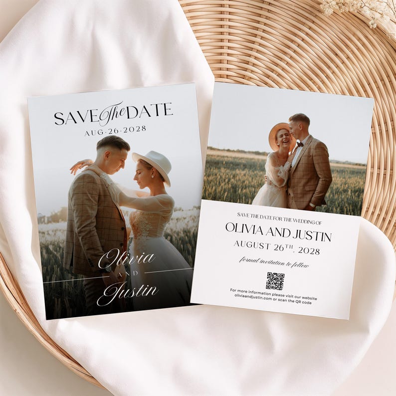 May include: Two wedding announcement cards with photos of a couple. The cards read "Save the Date" and include the names "Olivia and Justin" and the date "August 26th, 2028". One card has a QR code.
