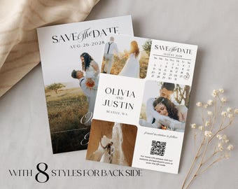 May include: Wedding Save the Date cards with photos of a couple. The cards feature the text "SAVE THE DATE" and the date "AUG-26-2028". The cards also include a calendar and the names "OLIVIA AND JUSTIN" with a QR code.
