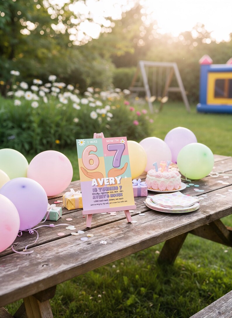 May include: A birthday party scene with a wooden picnic table adorned with pastel balloons, a small cake, and a sign that reads "Avery is turning 7". The scene is set outdoors with a garden and a bouncy house in the background.