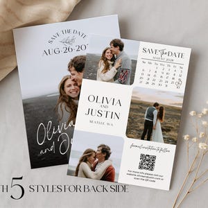 May include: Save the date cards with photos of a couple. The cards display the names "Olivia and Justin" and the date "August 26, 20". A calendar and a QR code are included. The text "5 styles for back side" is also present on the cards.