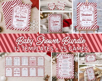 May include: A baby shower bundle with 12 templates and 25 games. The design features a red and white striped pattern. Various templates include invitations, signs, and menu cards with festive illustrations and text like "Merry Little Baby Shower".