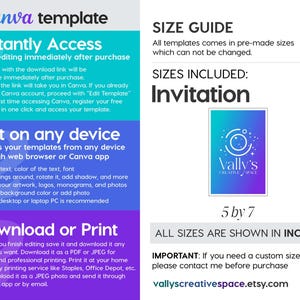 Pu&ograve; includere: Un modello Canva per un invito con uno schema di colori blu, viola e rosa. Il modello &egrave; disponibile in una dimensione di 5 per 7 pollici. Il testo sull'immagine dice "Accesso immediato", "Modifica su qualsiasi dispositivo", "Scarica o stampa", "GUIDA ALLE TAGLIE", "TAGLIE INCLUSE: Invito", "Vally's Creative Space", "5 per 7", "TUTTE LE TAGLIE SONO INDICATE IN POLLICI", "IMPORTANTE: Se hai bisogno di una dimensione personalizzata, contattami prima dell'acquisto", "vallyscreativespace.etsy.com".