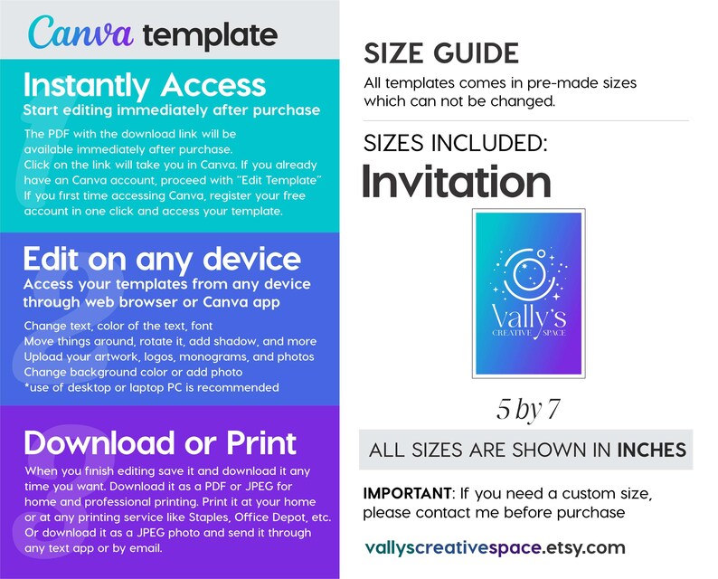Pu&ograve; includere: Un modello Canva per un invito con uno schema di colori blu, viola e rosa. Il modello &egrave; disponibile in una dimensione di 5 per 7 pollici. Il testo sull'immagine dice "Accesso immediato", "Modifica su qualsiasi dispositivo", "Scarica o stampa", "GUIDA ALLE TAGLIE", "TAGLIE INCLUSE: Invito", "Vally's Creative Space", "5 per 7", "TUTTE LE TAGLIE SONO INDICATE IN POLLICI", "IMPORTANTE: Se hai bisogno di una dimensione personalizzata, contattami prima dell'acquisto", "vallyscreativespace.etsy.com".