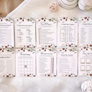 Jeux de douche nuptiale Boho - Ensemble de jeux de douche nuptiale, modèles floraux de jeu de douche nuptiale #Silvia