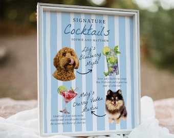 Dogs Signature Cocktails Sign | Wedding Signature Cocktail Bar Menu Template | Editable Canva Sign with Watercolor Drinks #sgtr