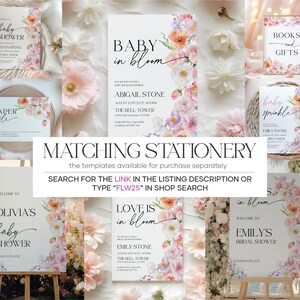 May include: A set of printable baby shower stationery featuring a floral design with pink, white, and peach flowers. The text on the cards reads "Baby in Bloom", "Love is in Bloom", "Baby Sprinkle", "Books and Gifts", "Diaper Raffle", and "Welcome to Olivia's Baby Shower".