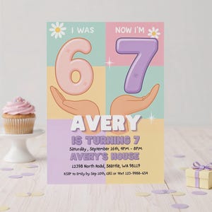 I Was 6 Now I’m 7 pastel birthday invitation template for girls.