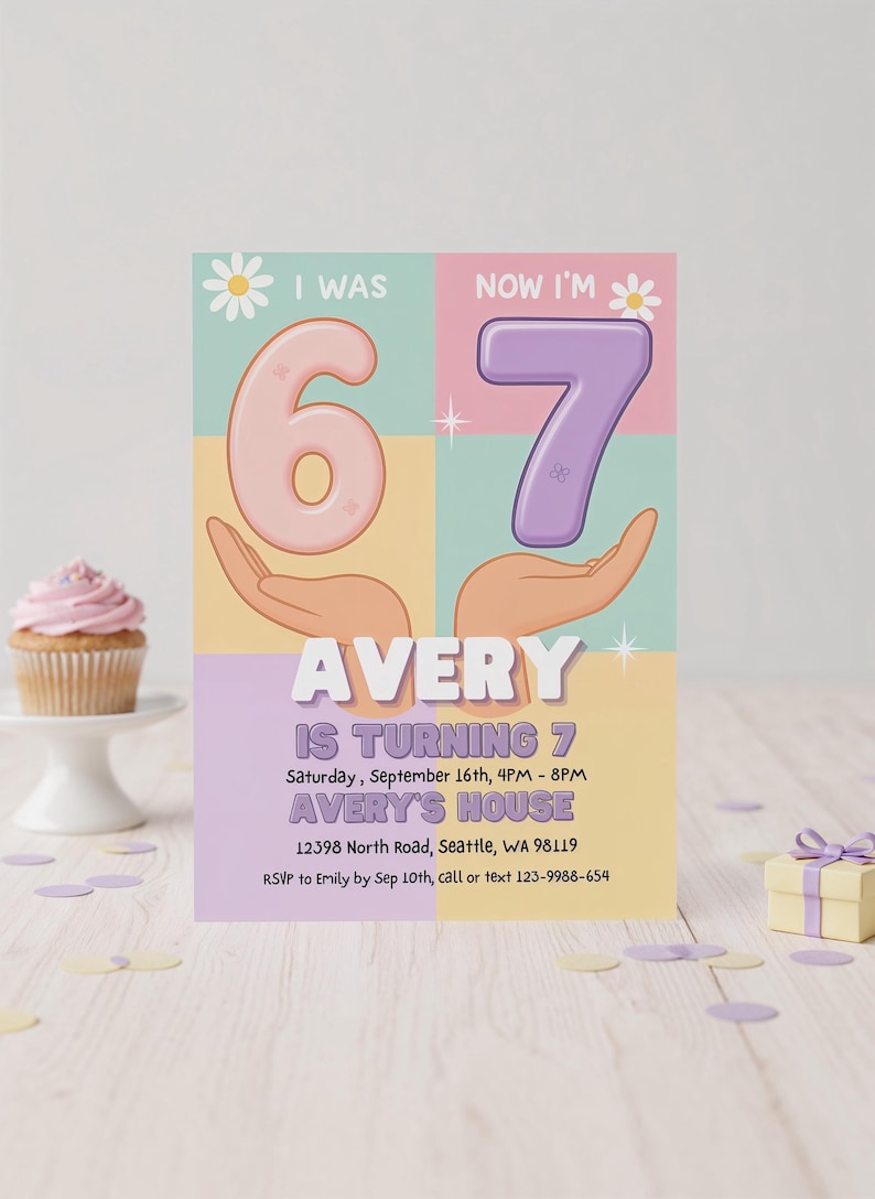 I Was 6 Now I’m 7 pastel birthday invitation template for girls.