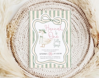First Birthday Invitation, One Silly Goose Girl 1st Birthday Party Invite, Editable Pastel Green and Pink Printable Invitation