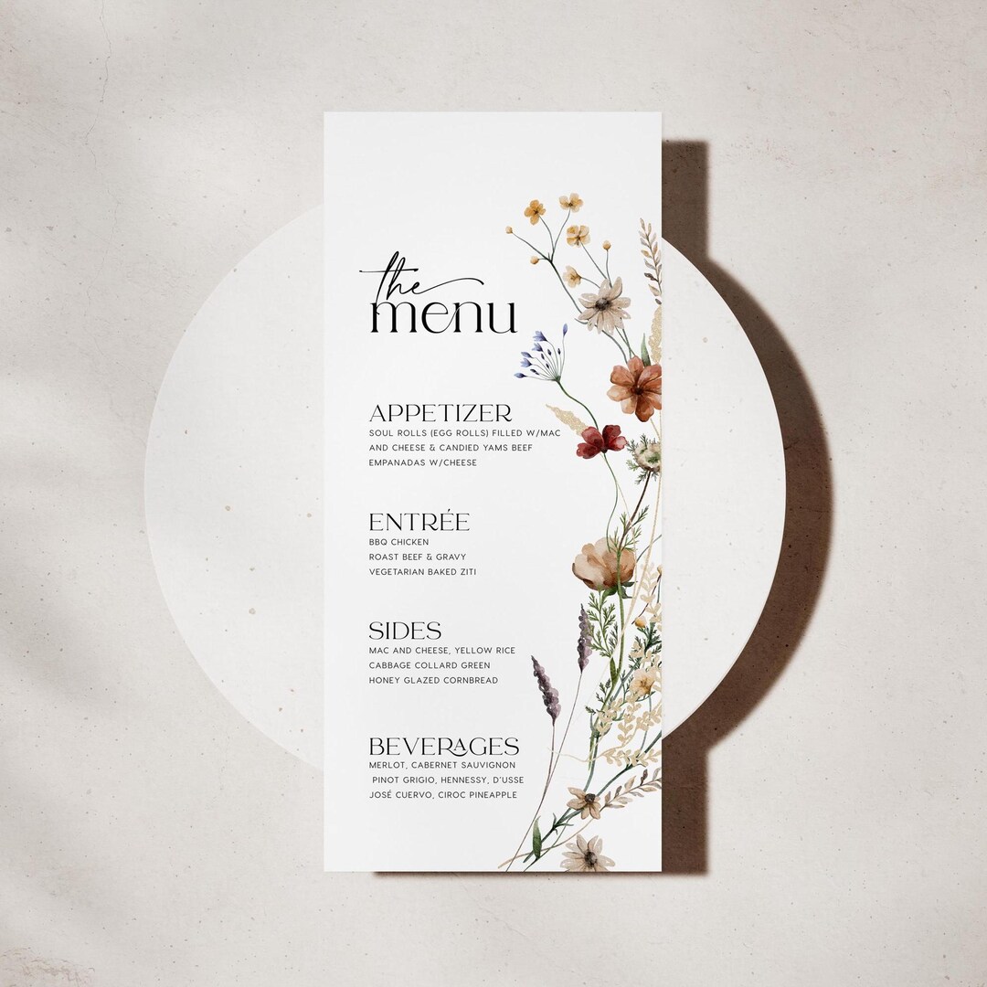 Boho Floral Menu Cards, Wedding Menu Template, Boho Menu Template ...