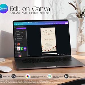 May include: A laptop displays a wedding invitation template with the words "Fall in Love." The screen shows the Canva editing interface. The laptop is on a wooden desk, with a mouse and a vase with dried flowers in the background. Text on the screen says "Edit on Canva."