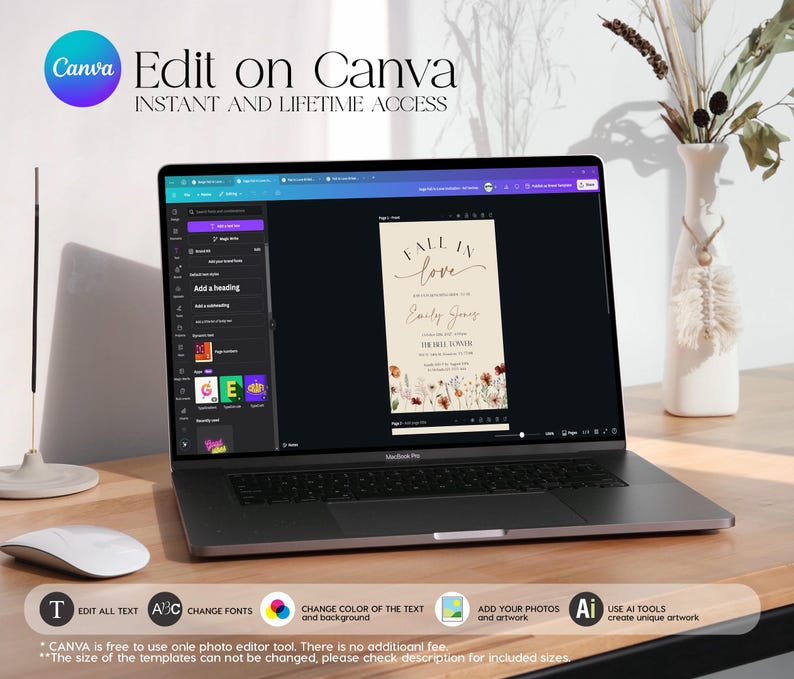 May include: A laptop displays a wedding invitation template with the words "Fall in Love." The screen shows the Canva editing interface. The laptop is on a wooden desk, with a mouse and a vase with dried flowers in the background. Text on the screen says "Edit on Canva."