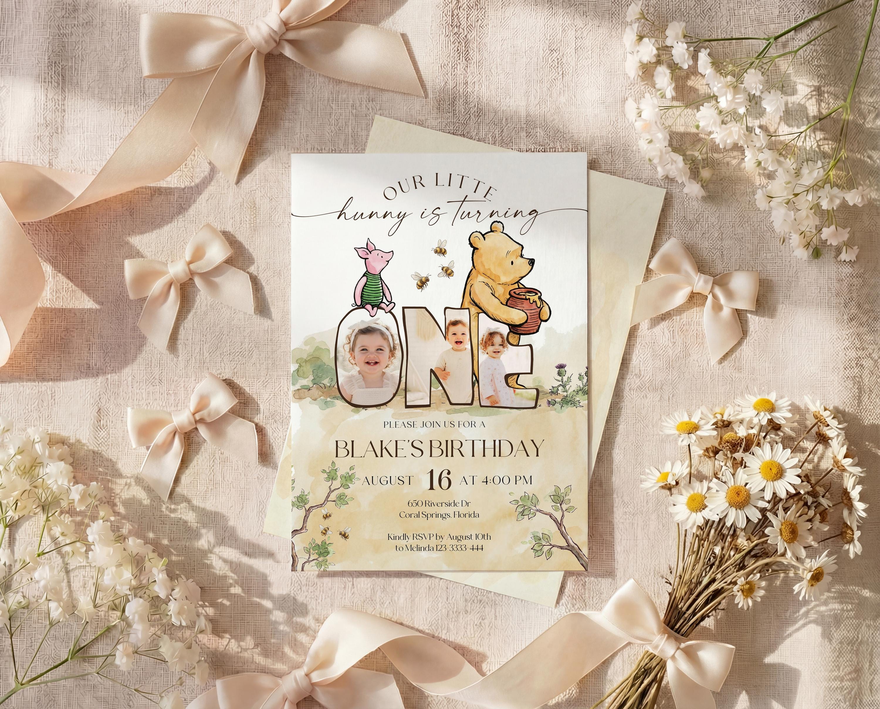 Winnie the Pooh 1st Birthday Invitation: Watercolor Photo Invitation ...