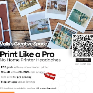 May include: A wooden surface displays several polaroid-style photos and a brown ink pad. The photos depict various scenes, including boats and a country store. Text reads "Vally's Creative Space" and "Print Like a Pro". A QR code is also present.