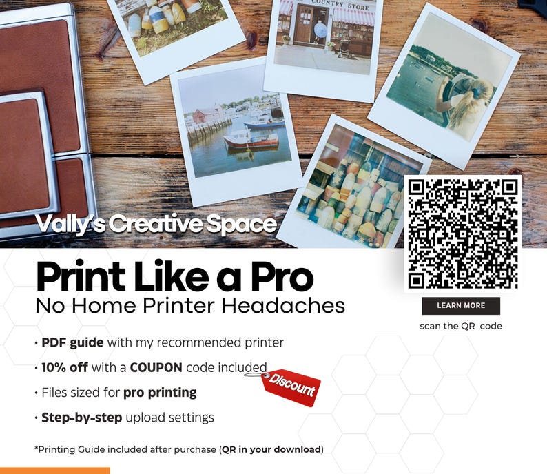 May include: A wooden surface displays several polaroid-style photos and a brown ink pad. The photos depict various scenes, including boats and a country store. Text reads "Vally's Creative Space" and "Print Like a Pro". A QR code is also present.