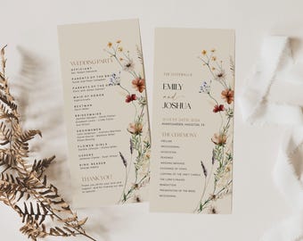 Wedding program template, Floral wedding Program, Beige Wedding Program cards, Boho wildflower wedding stationery #Mila