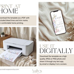 Pu&ograve; includere: Un modello di invito per baby shower stampabile con un design floreale. Il modello pu&ograve; essere stampato a casa o utilizzato digitalmente. Il testo sull'invito recita "Baby Shower" e "[Name] & [Date]"