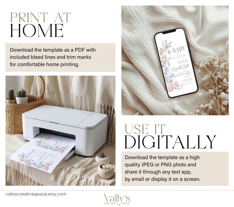 Pu&ograve; includere: Un modello di invito per baby shower stampabile con un design floreale. Il modello pu&ograve; essere stampato a casa o utilizzato digitalmente. Il testo sull'invito recita "Baby Shower" e "[Name] & [Date]"