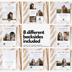 May include: A collection of eight different wedding Save the Date card designs. Each card features a photo of a couple, the names Olivia and Justin, and the date August 26, 2027 or 2028. The cards have a minimalist design with a QR code.