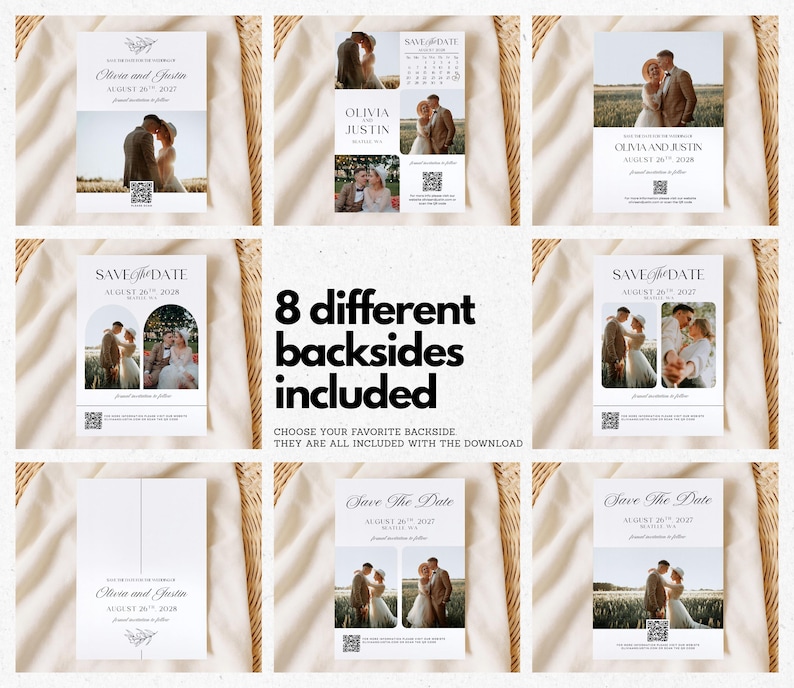 May include: A collection of eight different wedding Save the Date card designs. Each card features a photo of a couple, the names Olivia and Justin, and the date August 26, 2027 or 2028. The cards have a minimalist design with a QR code.