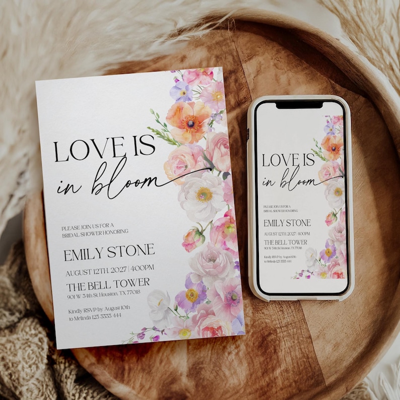love is in bloom bridal shower invitation