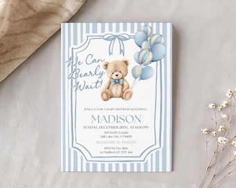 Teddy Bear Baby Shower Invitation Template | Boy Baby Shower Invite | We Can Bearly Wait #tdb026