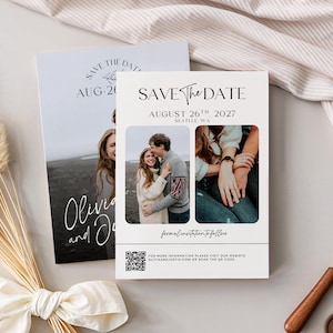 Save the date card template featuring a photo collage layout with calendar design and elegant typography