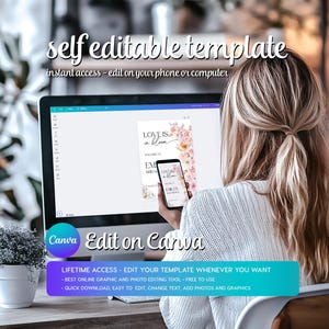 Op de afbeelding: Een computerscherm waarop een Canva-ontwerptemplate wordt weergegeven met de tekst "Love is in Bloom" en een bloemmotief. De tekst "Edit on Canva" wordt onder het scherm weergegeven. De afbeelding is een mockup van een digitaal product.