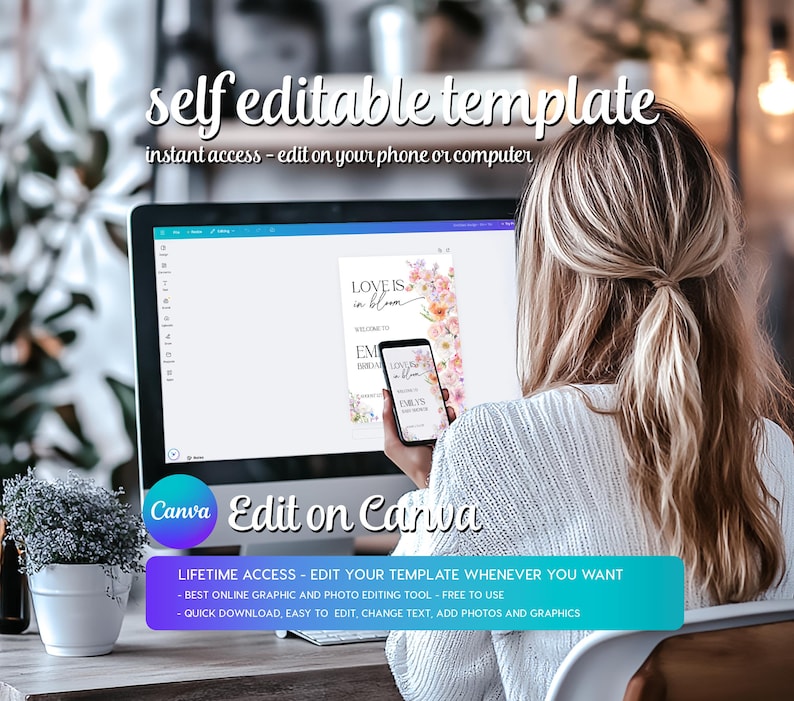 Op de afbeelding: Een computerscherm waarop een Canva-ontwerptemplate wordt weergegeven met de tekst "Love is in Bloom" en een bloemmotief. De tekst "Edit on Canva" wordt onder het scherm weergegeven. De afbeelding is een mockup van een digitaal product.