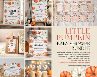 Pumpkin Baby Shower Bundle | Baby Shower Invitation Template | Little Pumpkin Welcome Sign | Baby Shower Games Bundle and more #pmp025