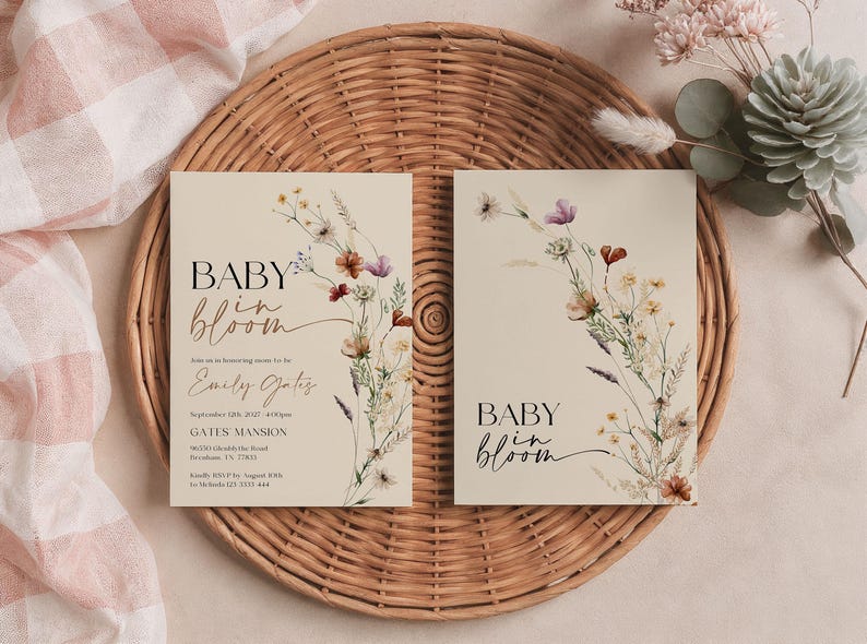 Editable Baby in Bloom baby shower invitation with watercolor wildflowers and boho floral design on a neutral background.