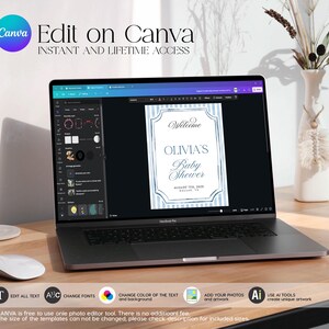 K&ouml;nnte beinhalten: Ein Laptop mit einer Canva-Benutzeroberfl&auml;che, die eine Babyparty-Einladungsvorlage mit blauen Streifen und dem Text Welcome, Olivia's Baby Shower, August 7th, 2028, Dallas, TX zeigt. Der Bildschirm enth&auml;lt Bearbeitungswerkzeuge f&uuml;r Text und Farben.