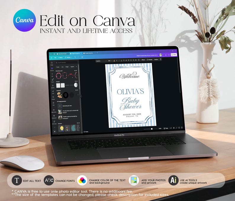 K&ouml;nnte beinhalten: Ein Laptop mit einer Canva-Benutzeroberfl&auml;che, die eine Babyparty-Einladungsvorlage mit blauen Streifen und dem Text Welcome, Olivia's Baby Shower, August 7th, 2028, Dallas, TX zeigt. Der Bildschirm enth&auml;lt Bearbeitungswerkzeuge f&uuml;r Text und Farben.