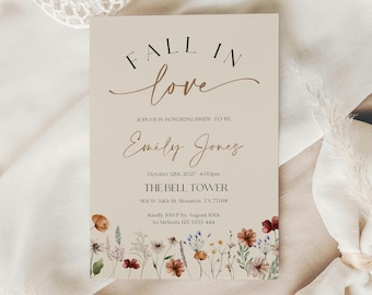 Fall in Love Bridal Shower Invitation | Boho Wildflower Editable Template | Autumn Floral Bridal Invite | Invitation template #Mila