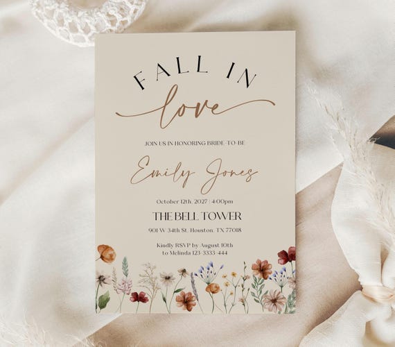 Fall in Love Bridal Shower Invitation | Boho Wildflower Editable Template | Autumn Floral Bridal Invite | Invitation template #Mila