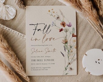 Rustic Fall in Love Bridal Shower Invitation Template | Autumn Boho Floral Invitation | Editable Wildflower Bridal Shower Invite #Mila