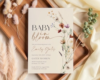 Invito Baby In Bloom / Invito Boho Baby Shower / Modello di invito beige neutro #Mila