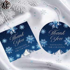 Étiquettes de remerciement hivernales : modèle d'étiquettes de faveur modifiables en forme de flocon de neige, cercle et carré #wn251
