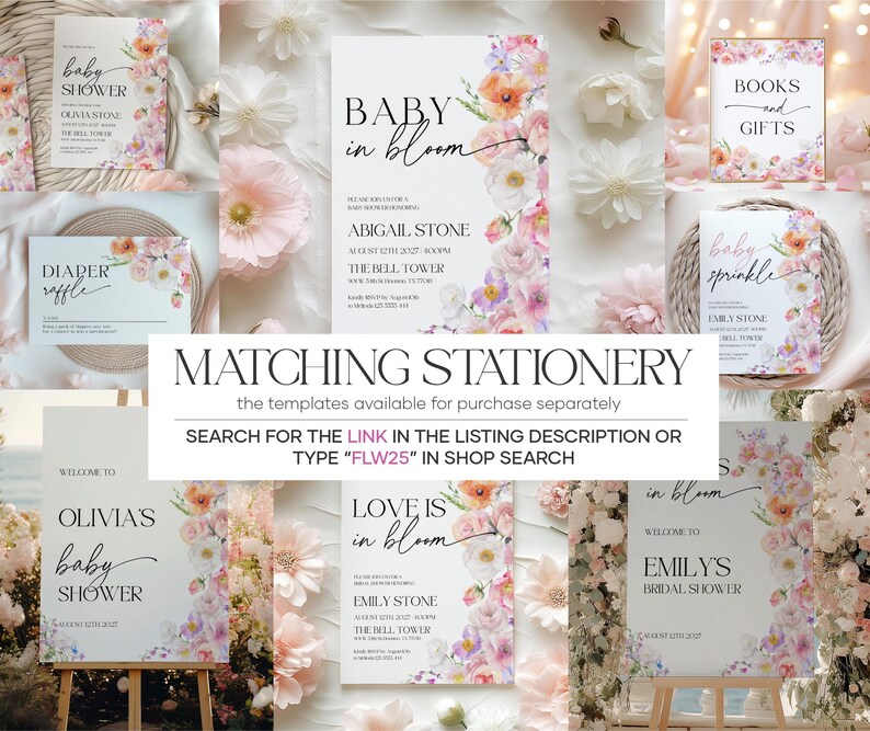 Op de afbeelding: Een set met printbare baby shower-stationery met een bloemenontwerp met roze, witte en perzikkleurige bloemen. De tekst op de kaarten luidt "Baby in Bloom", "Love is in Bloom", "Baby Sprinkle", "Books and Gifts", "Diaper Raffle" en "Welkom bij Olivia's Baby Shower".
