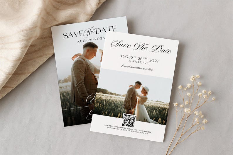 May include: Two wedding Save the Date cards with photos of a couple. The cards have the text "Save The Date" and the dates August 26, 2028 and August 26, 2027. The cards are on a neutral background.