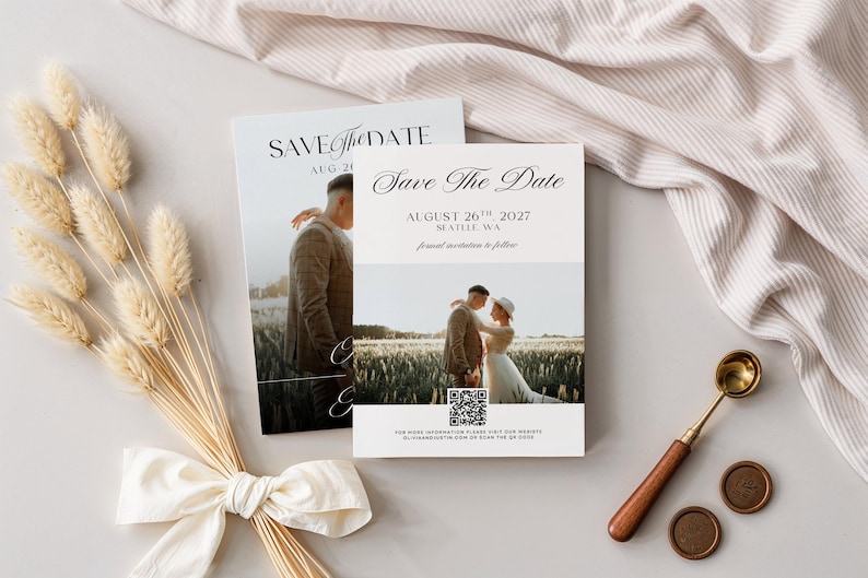 May include: Two wedding Save the Date cards with a photo of a couple. The cards have elegant script and the date August 26th, 2027. A bouquet of dried flowers and a wax seal set with a spoon are also in the image.