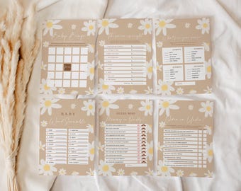 May include: A set of six printable baby shower game cards with a daisy pattern. The games include Baby Bingo, The Price is Right, What's in your purse, Baby Word Scramble, Guess Who Mommy or Daddy, and  Over or Under.