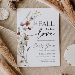 Fall in Love Bridal Shower Invitation Template, Autumn Floral Bridal Shower Invite, Editable Boho Wildflower Bridal Shower Invite #Silvia