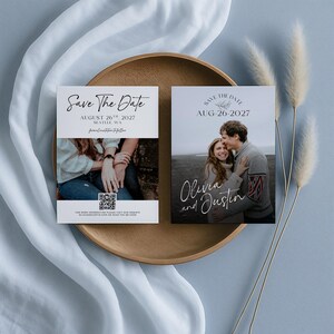 Save the date card template featuring a photo collage layout with calendar design and elegant typography