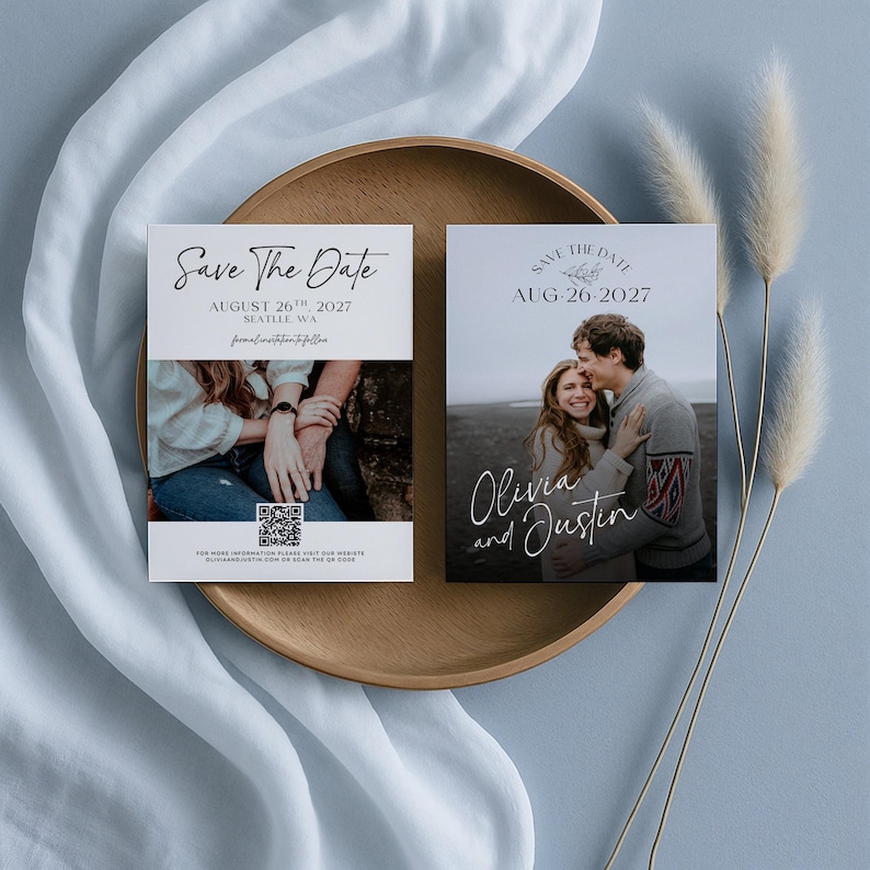 Save the date card template featuring a photo collage layout with calendar design and elegant typography