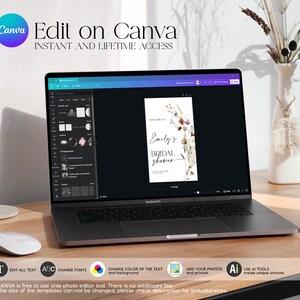 May include: A laptop screen displaying a Canva design template for a bridal shower invitation. The template features a watercolor floral design with the text "Emily's Bridal Shower".